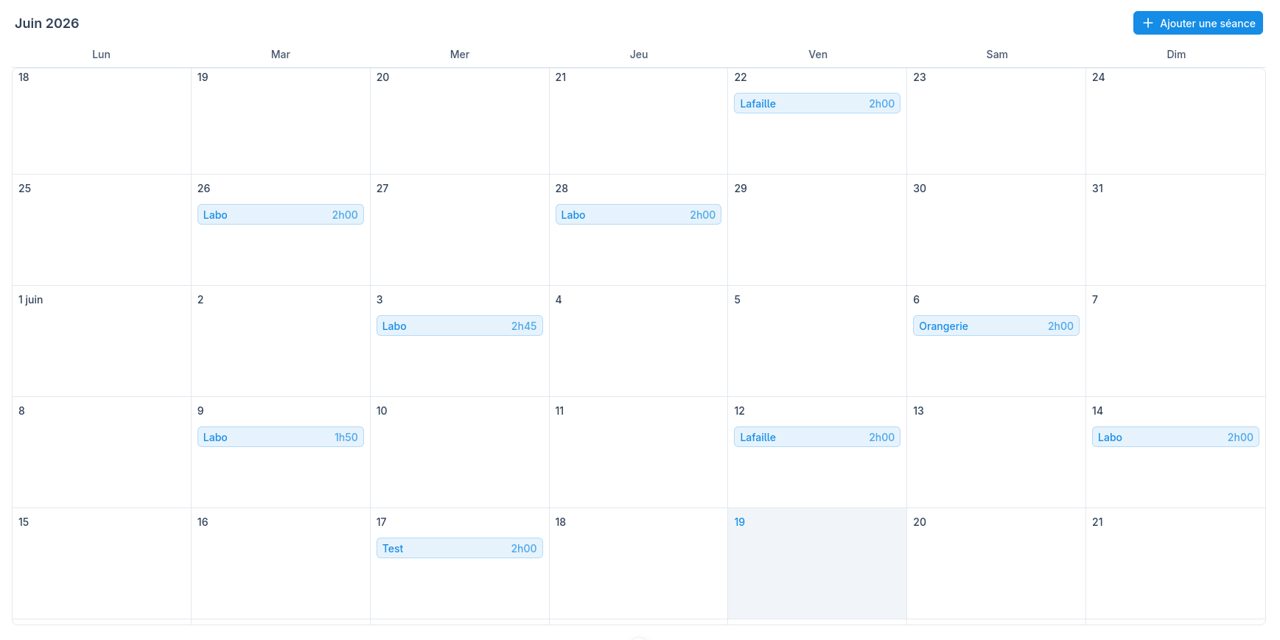Image du calendrier dans lequel tu peux ajouter toutes tes séances